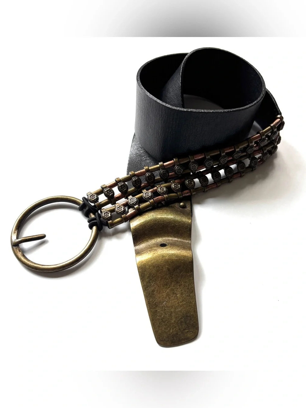 Black Leather Belt w/ Brass Gold Copper Metal Chain Hardware M-L Chicos vintage